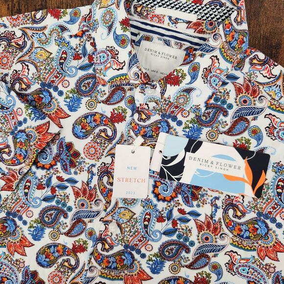 Denim & Flower Other - NWT Denim & Flower Shirt Mens Small Paisley‎ Floral White Button Up Viscose NEW
